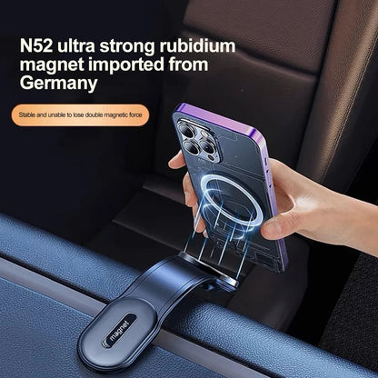 Phone holder with N52 ultra strong rubidium magnet imported from Germany, held by a hand inside a car.