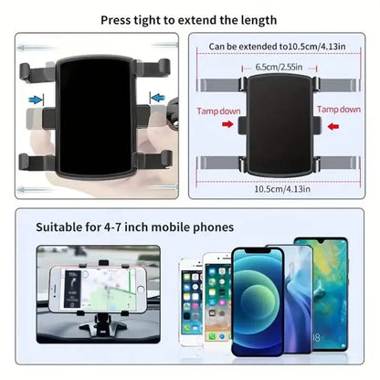 Phone holder with extension feature and compatibility with various phone models.