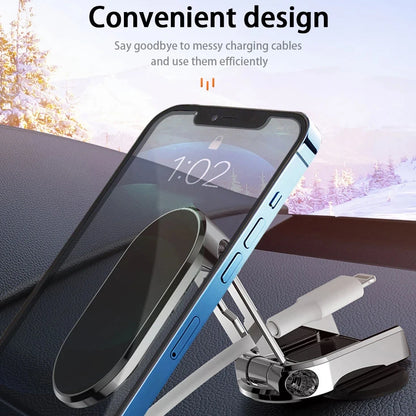 Phone stand with wireless charging pad and cable management on a car dashboard.