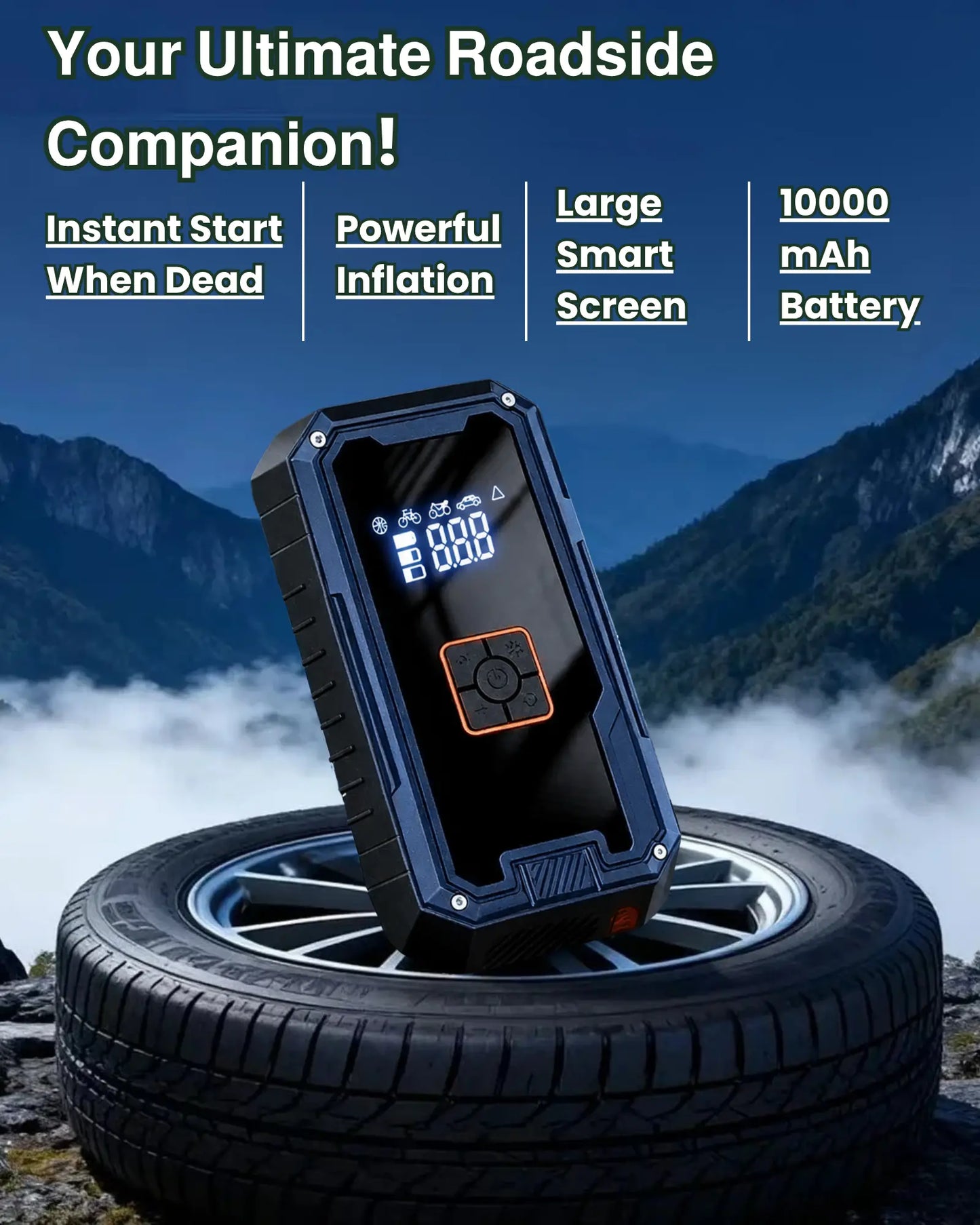 Portable jump starter on a tire with mountainous background