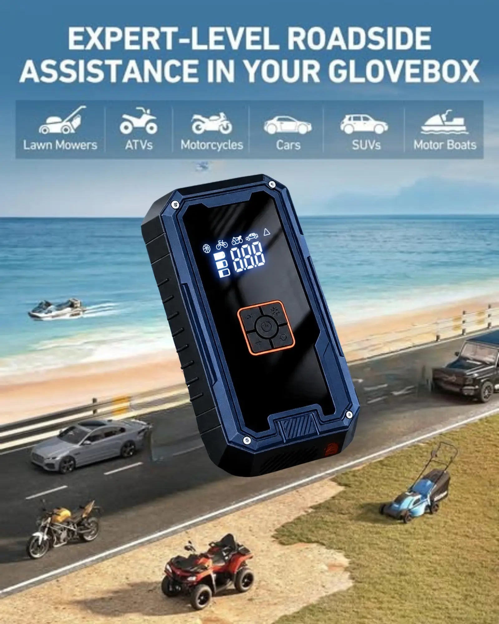 Portable jump starter with a scenic road and vehicle types displayed on a blue background