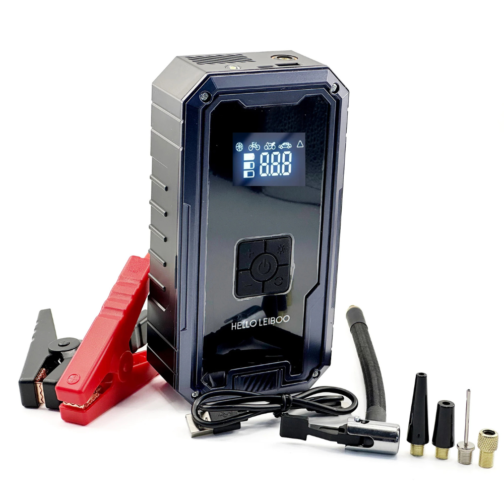 Portable power station with digital display, clamps, and nozzles on a white background
