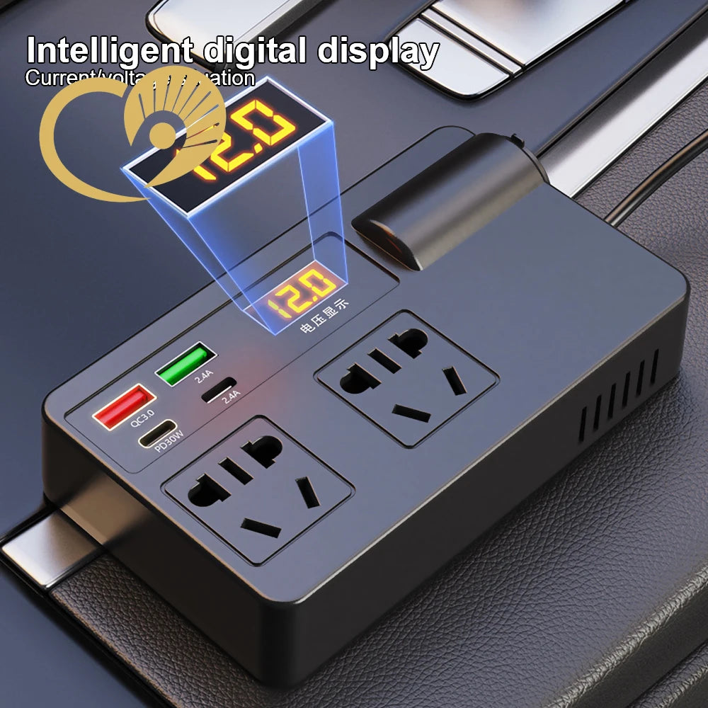 Power strip with digital display on a dark surface