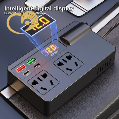 Power strip with digital display on a dark surface
