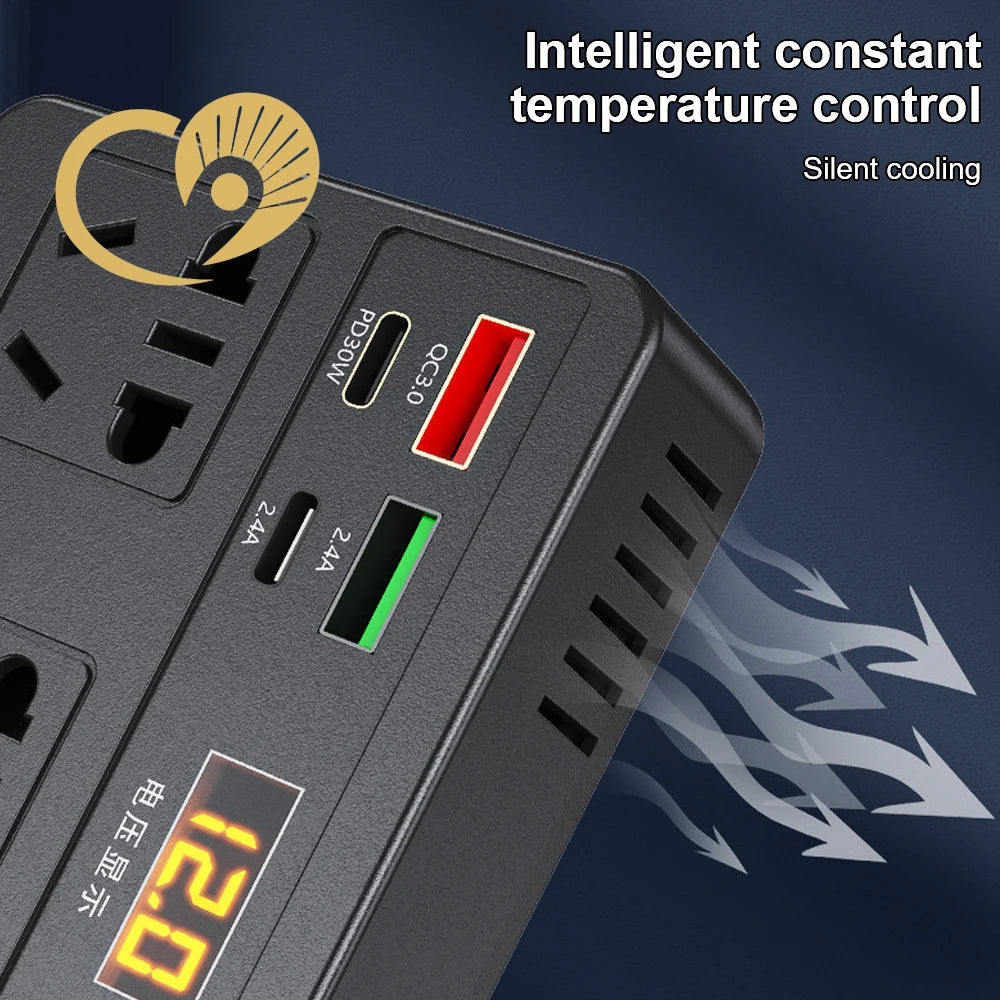 Power strip with multiple USB ports and a digital display on a dark background