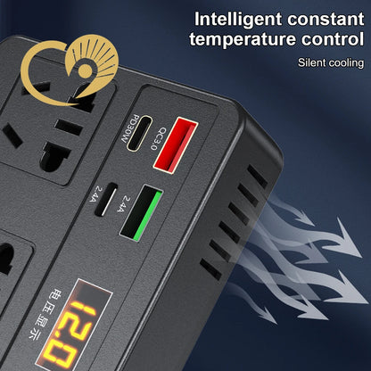 Power strip with multiple USB ports and a digital display on a dark background