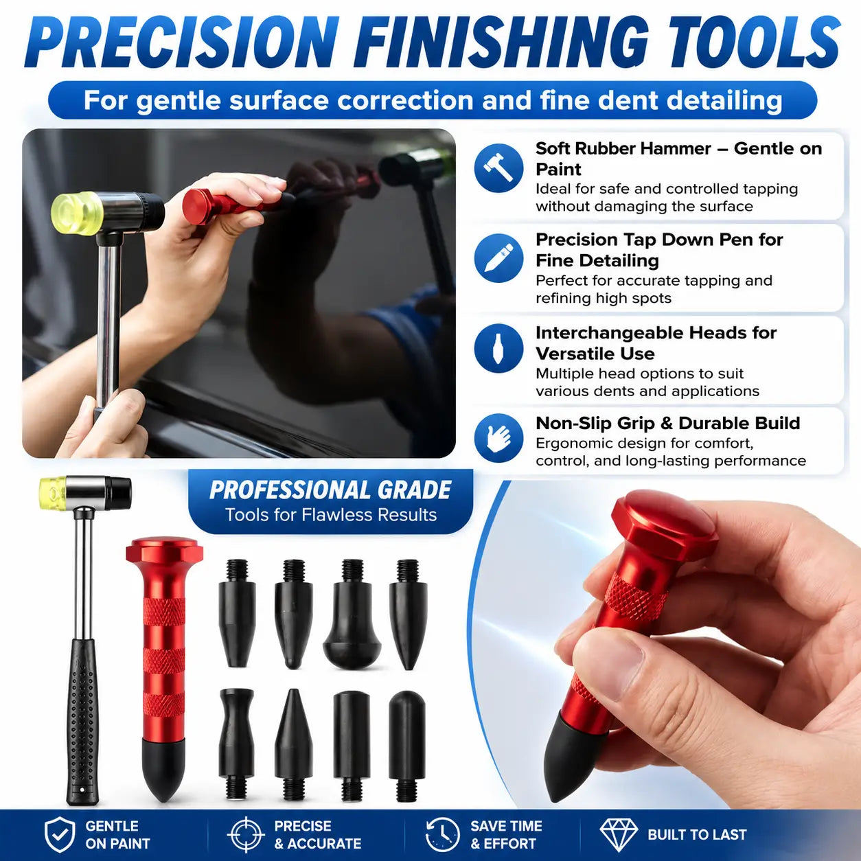 Precision finishing tools set with a red and black soft rubber hammer, precision tap pen, interchangeable heads, and a demonstration of hand use on a car door, with marketing text overlays.