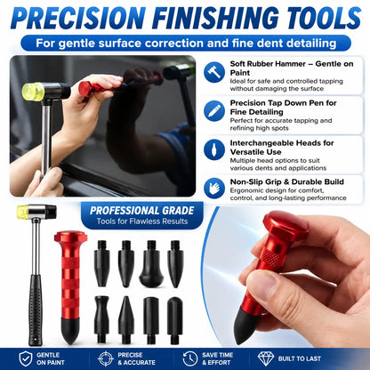 Precision finishing tools set with a red and black soft rubber hammer, precision tap pen, interchangeable heads, and a demonstration of hand use on a car door, with marketing text overlays.