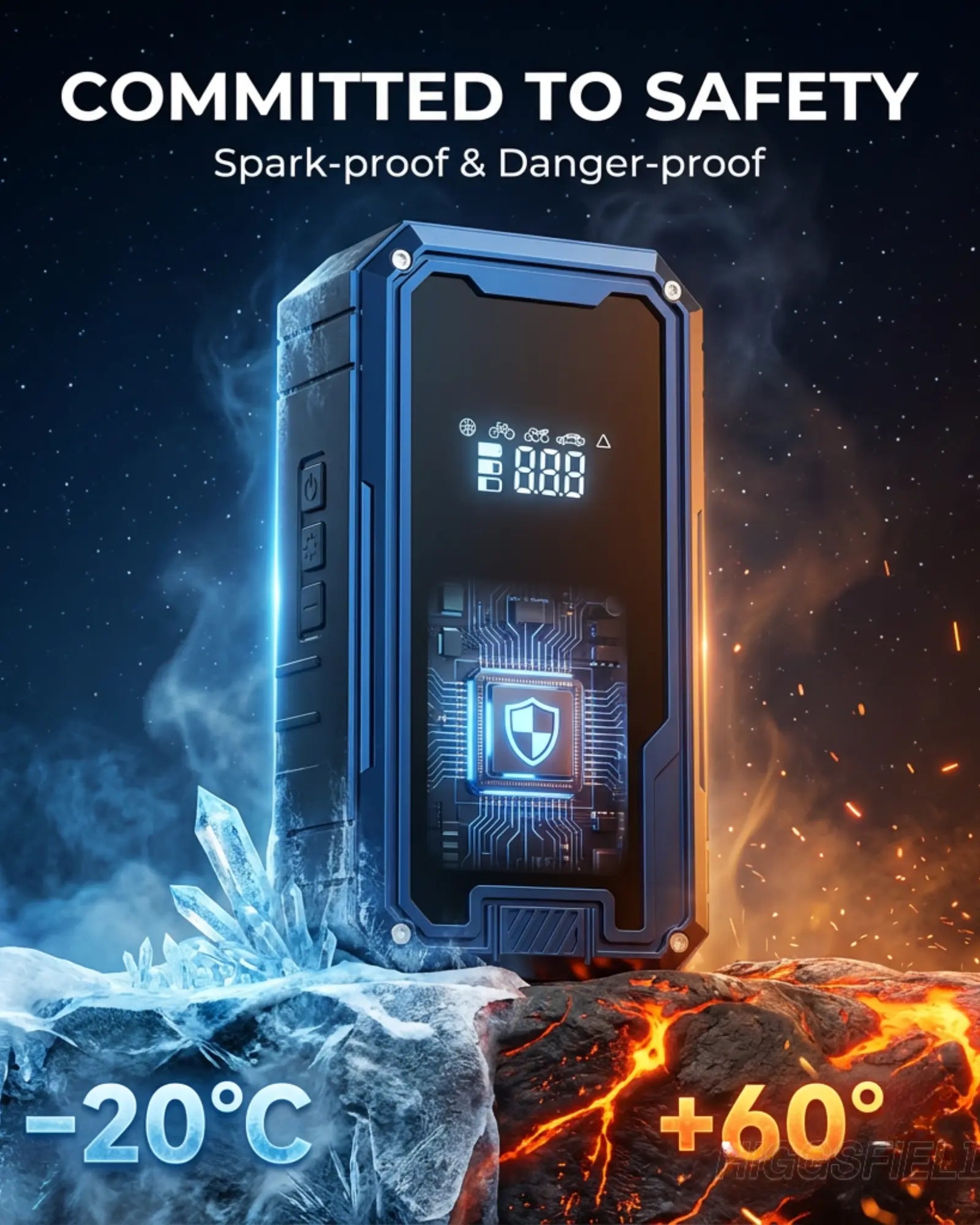 Rugged device with digital display on a background of ice and fire, emphasizing safety and durability.