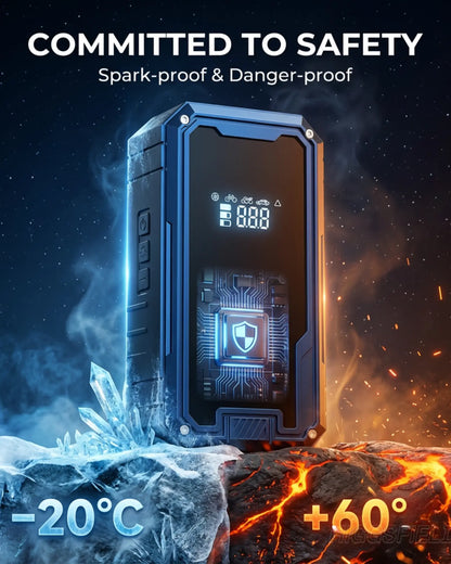 Rugged device with digital display on a background of ice and fire, emphasizing safety and durability.