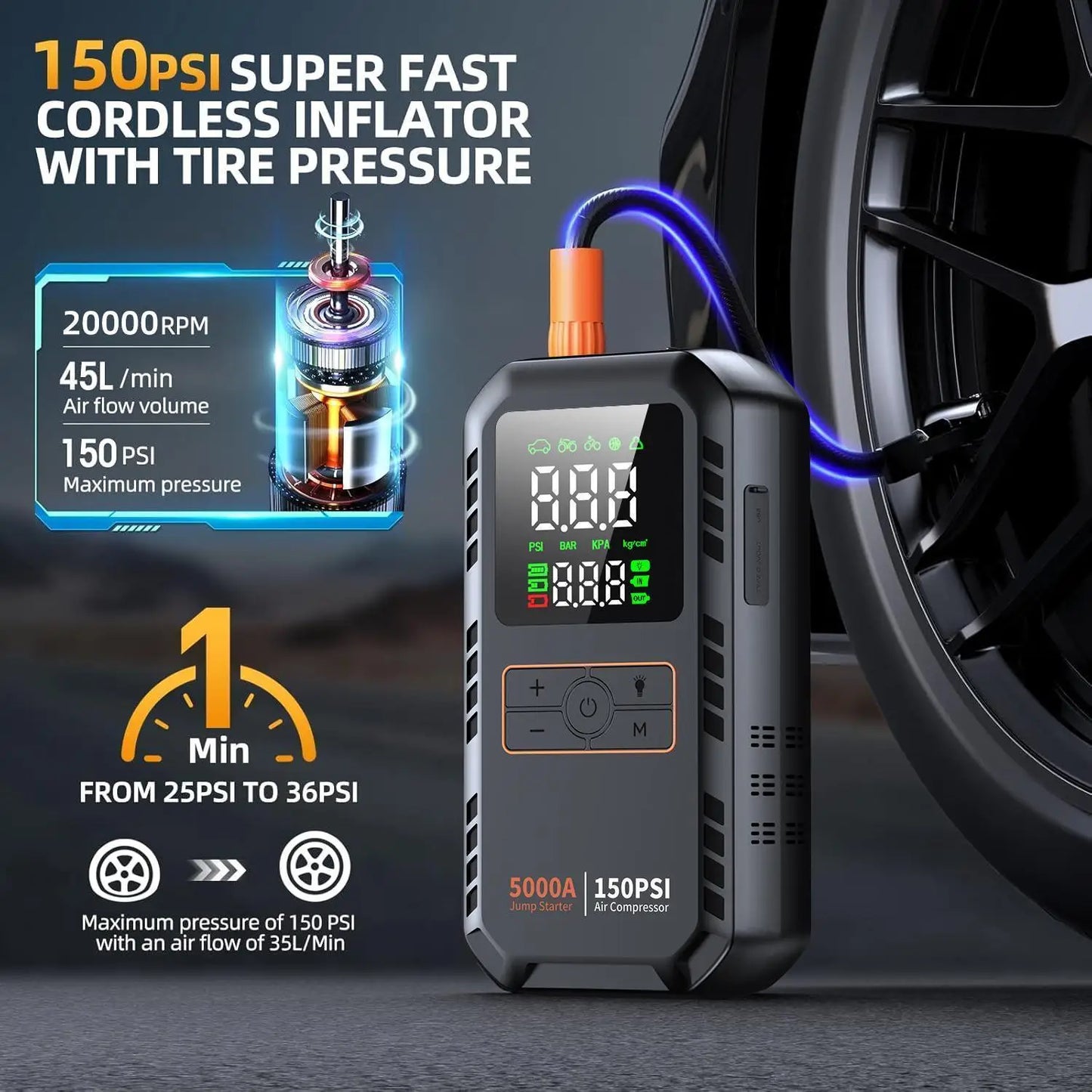 Autoxmatch Paiviroku 5000A 4-in-1 Car Jump Starter with Air Compressor