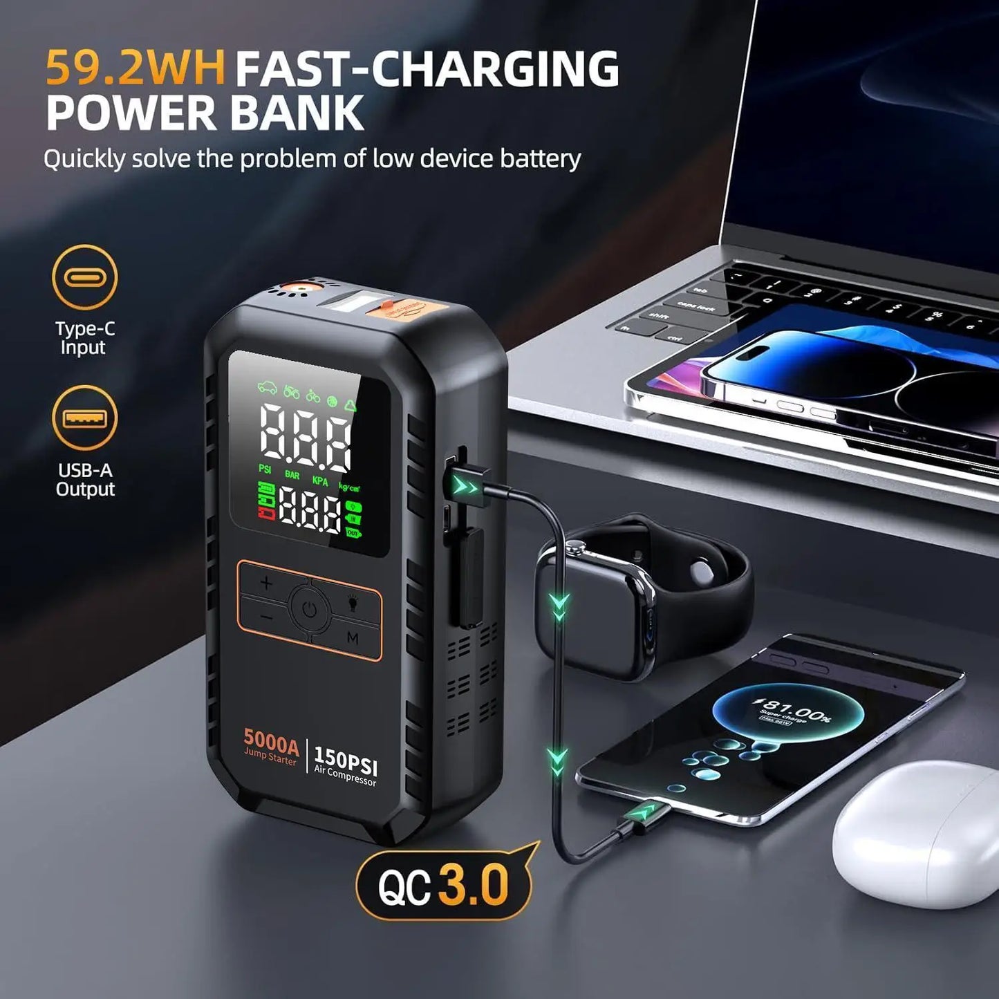 Autoxmatch Paiviroku 5000A 4-in-1 Car Jump Starter with Air Compressor