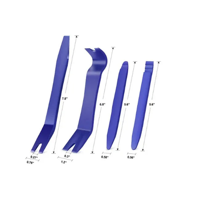 Set of blue plastic tools with their size