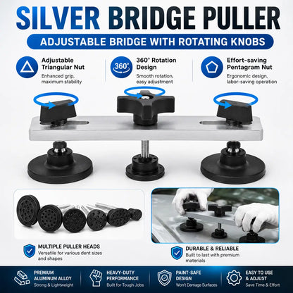 Silver bridge puller tool with black rotating adjustment knobs and multiple puller heads, shown on a white background with feature callouts and a small inset of a hand using it.