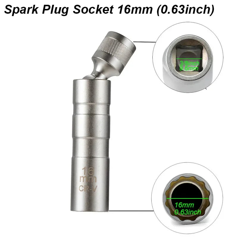 Spark plug socket with detailed measurements on a white background
