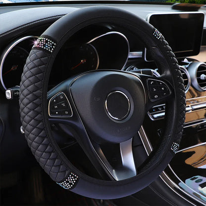 Steering wheel black cover in a car interior