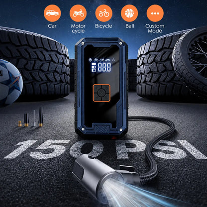 Tire inflator with digital display on a dark surface with tires and a ball in the background.