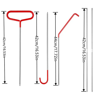 Two metal hooks with red handles, one longer than the other