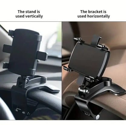 Two views of a car phone holder with text indicating vertical and horizontal usage.