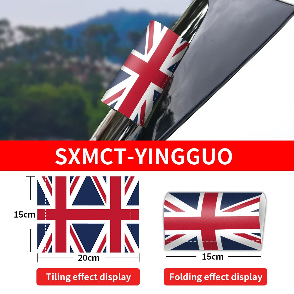 Union Jack flag car emblem with measurements and brand name displayed.
