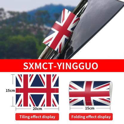Union Jack flag car emblem with measurements and brand name displayed.