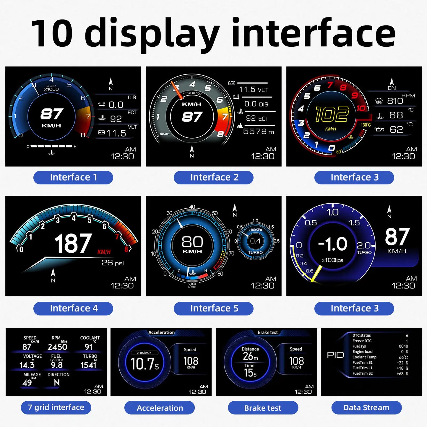 Various display interfaces of a vehicle's digital dashboard with different gauges and indicators.