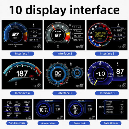 Various display interfaces of a vehicle's digital dashboard with different gauges and indicators.