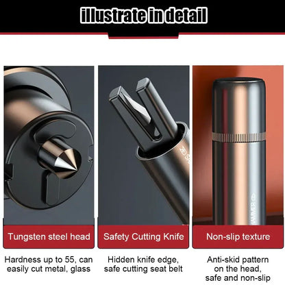 Window breaker tool breaking a window with water tungsten steel head, safety cutting knife, and non-slip 